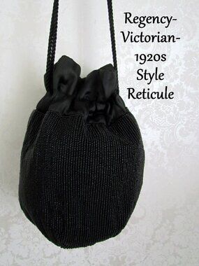 BAG, VICTORIAN RETICULE STYLE COSTUME ACCESSORY DRAWSTRING PURSE, BLACK CAPARROS